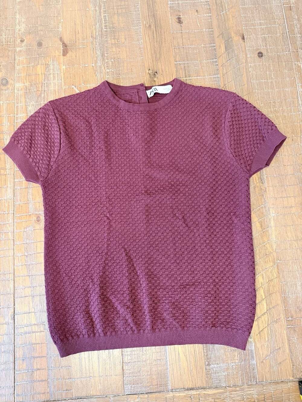 Zara Textured Knit Crystal Button Top, Quiet Luxury Burgundy Sweater Small